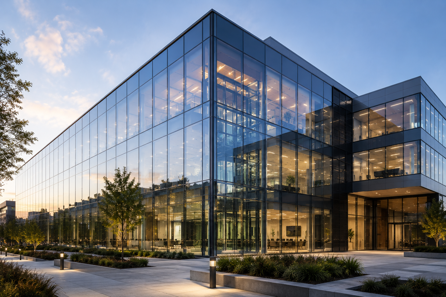 Modern glass office building with reflective facade at dusk